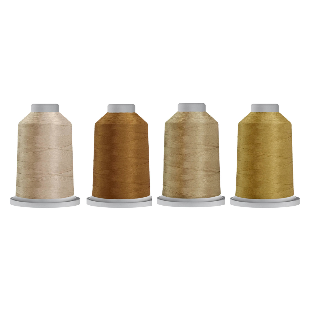 Balanced Warm Neutral bundle featuring Linen, Military Gold, Mocha, and Cleopatra Glide thread spools.