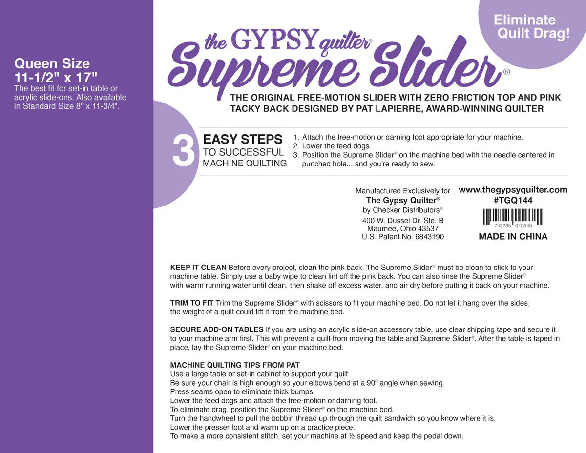Supreme Slider for Free-Motion Quilting & Quilting Rulers | Queen Size 11.5" x 17" by The Gypsy Quilter