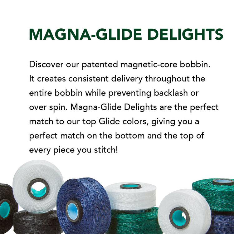Magna-Glide pre-wound bobbins with magnetic core for consistent tension in quilting machines
